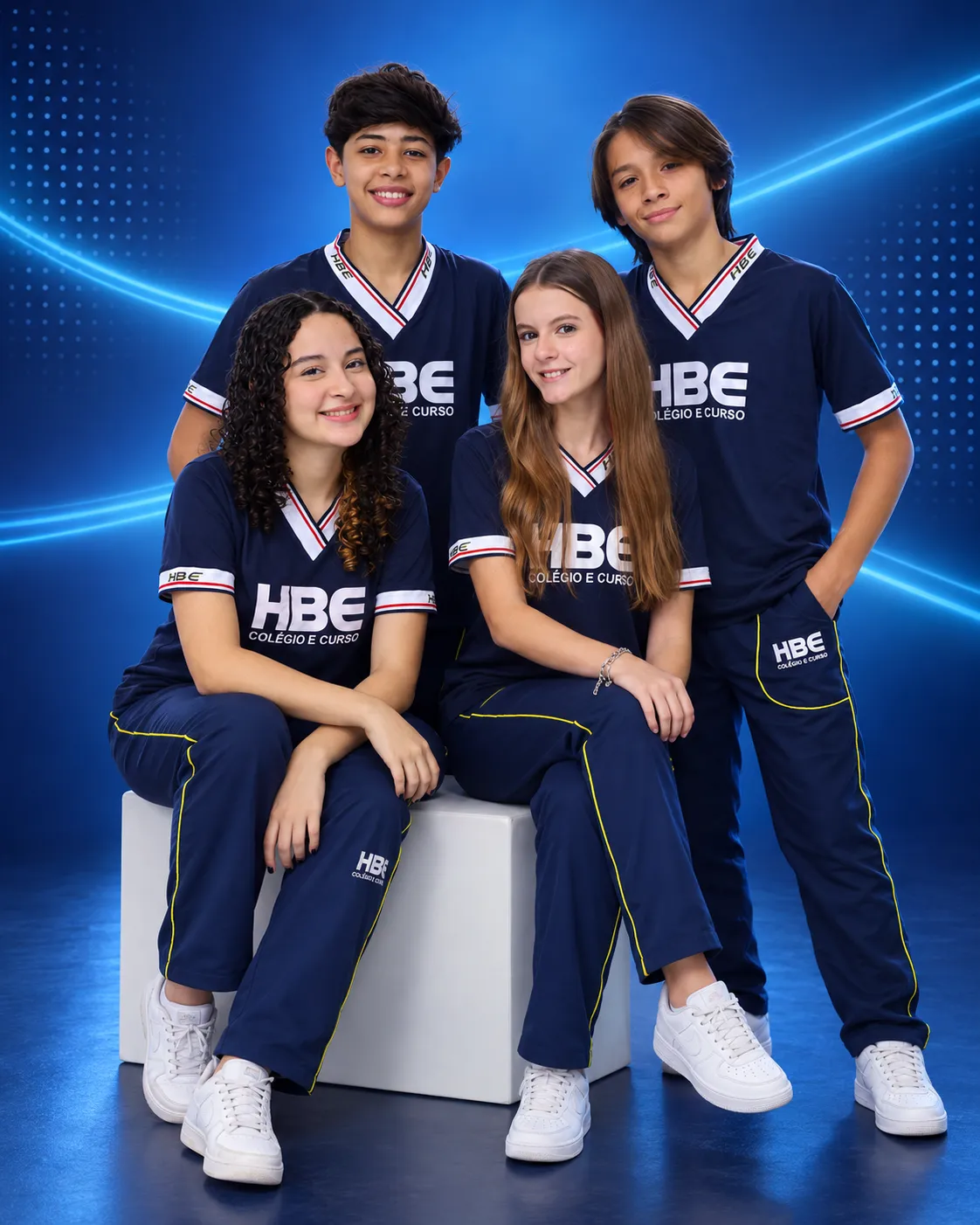 Quatro alunos do HBE reunidos para a campanha do concurso de bolsas